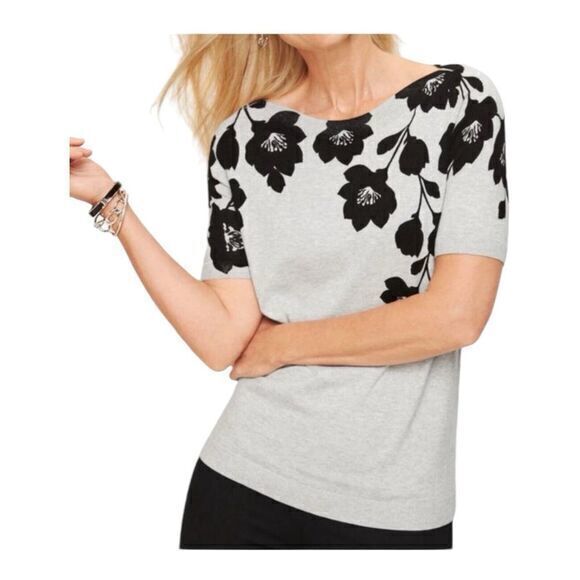 Talbots‎ Womens Petite Size PL Black Gray Floral Short Sleeve Sweater Boat Neck - Picture 1 of 9
